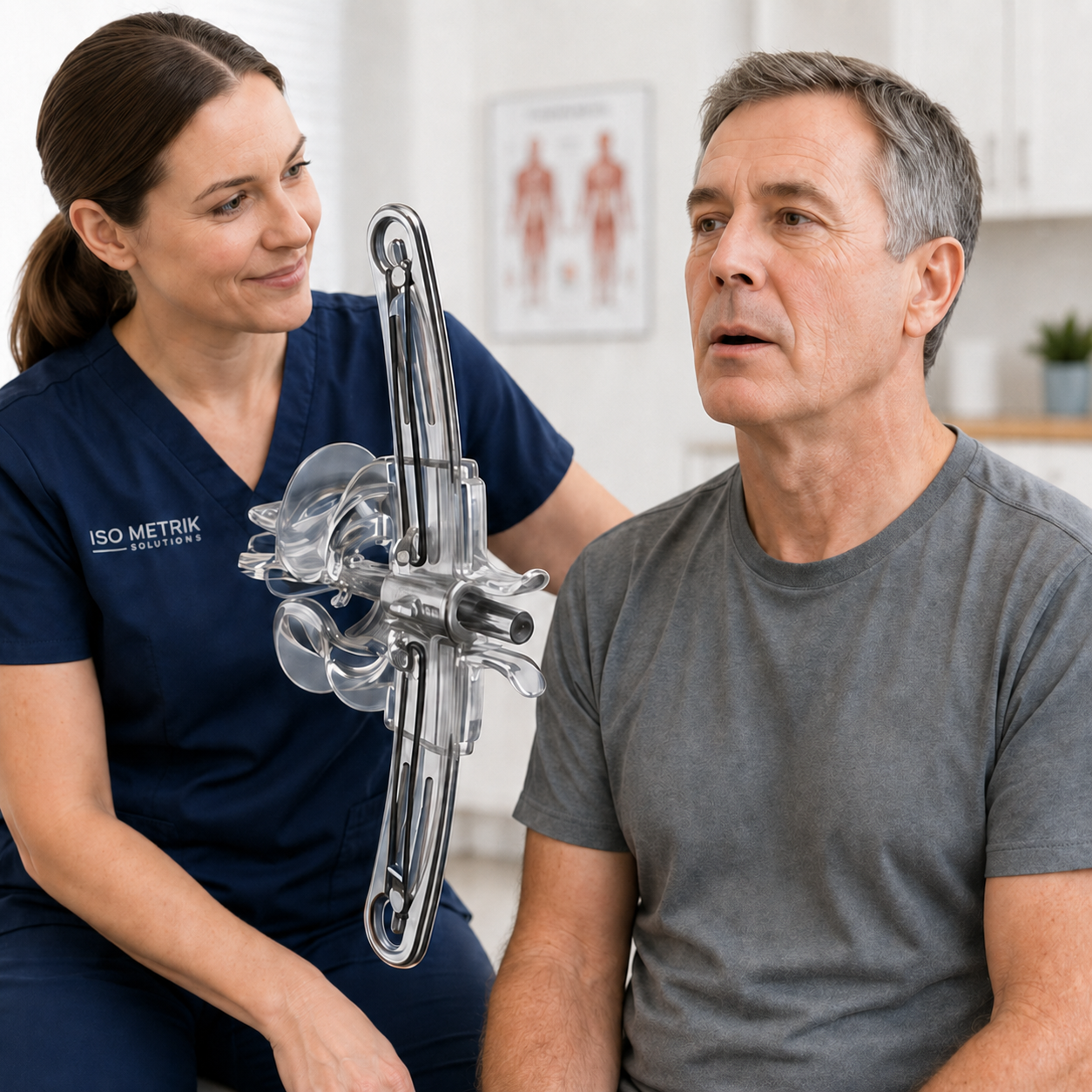 Therapist supporting an adult using the ISO Metrik facial rehabilitation device